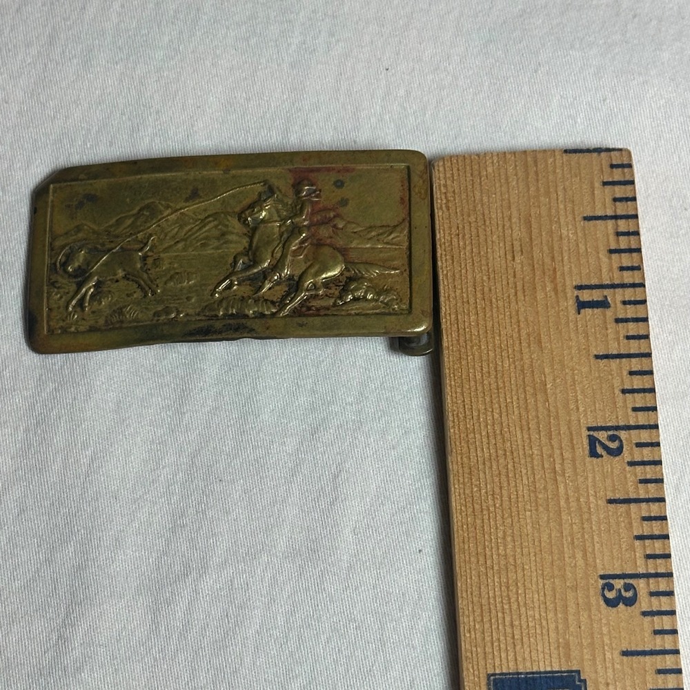 Vtg Brass Western Cowboy Horseback Roping Calf Belt Buckle Rectangular Patina - Picture 5 of 5